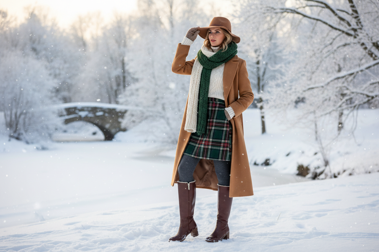 kobieta ubrana w spódnicę, o zimowej porze roku